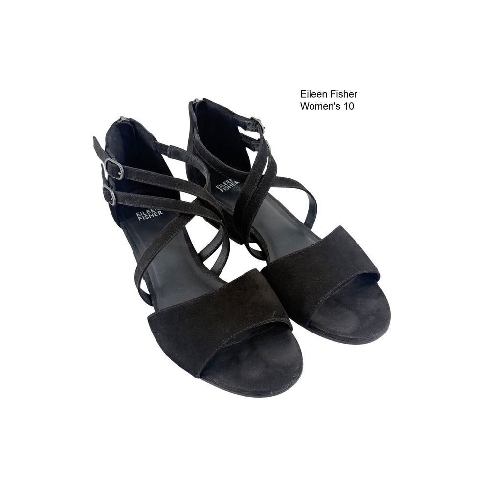 Eileen Fisher Black Suede Strappy Block Heel Sandals Back Zip Size 10